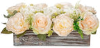 DILATATA Flower Arrangement with Wooden Vase 14" Artificial Flowers in Pot - Fake Flowers Roses Peonies Hydrangeas in Wooden Vase Potted Flower Centerpieces for Table Decor Living Room - Pale Yellow by DILATATA