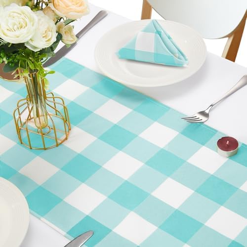 Cupuamon Fabric Checkered Table Runner 12 Pack Waterproof Gingham Table Runner 14W x 108L Buffalo Check Table Runners for Parties Kitchen Dining Wedding Banquet (Aqua and White) - Image 5