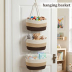 TeoKJ Over the Door Hanging Basket, 3-Tier Woven Cotton Wall-Mounted Storage Organizer Bag Decorative Hanging Nursery Baskets，Gradient Brown - Image 4
