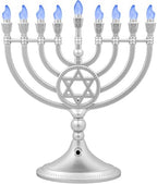 The Dreidel Company Traditional LED Electric Silver Matte Hanukkah Menorah Full Size 13 Inches Tall Battery or USB Powered - Includes a Micro USB Charging Cable - Image 2