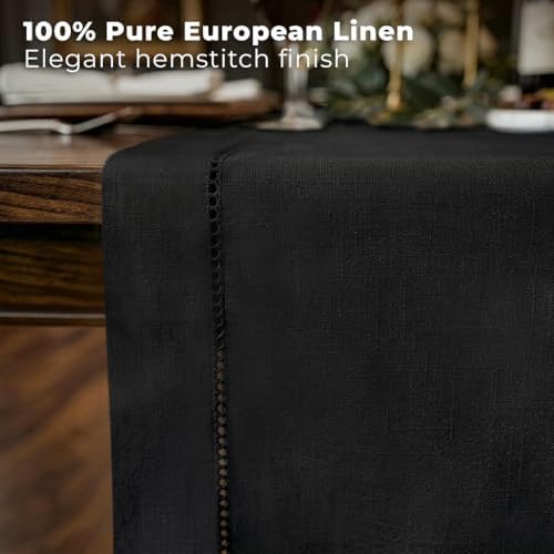 Signature Linen™ by D'Moksha, Black Table Runner 90 Inches Long, 100% Pure Linen, Hemstitch, 14 x 90 Inch Table Runner for Dresser, Dining- Fall, Weddings, Outdoor Hosting - Image 2