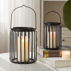 Farmhouse Lantern Decor Set of 2 - 9.5" & 14.2" Metal Candle Holders, Rustic Modern Vintage Style for Indoor Outdoor, Porch Patio Fireplace Mantle Wedding Decor (Black) - Image 2