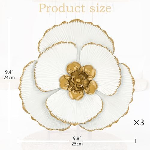 DILATATA 3 Pcs Metal Flower Wall Art Set 10 Inch Rustic Modern Floral Sculpture 3D Metal Flower Wall Hanging Accent for Indoor Living Room Bedroom Kitchen Bathroom Garden Patio Decor - White - Image 2