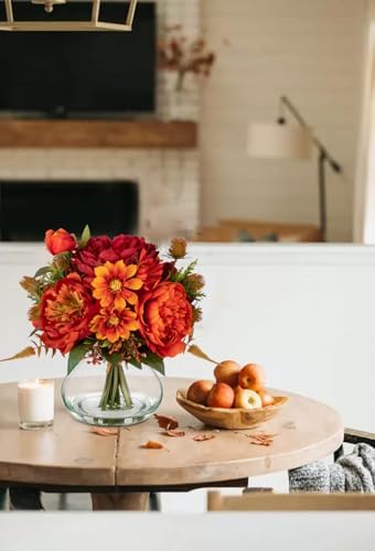 Fake Peony Flowers in Vase Fall Table Centerpiece Faux Floral Arrangement in Vase Autumn Artificial Flowres for Tables Orange Silk Flowers Arrangement - Image 3