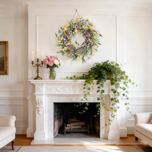 22" Spring Summer Wreath for Front Door - Colorful Wildflower Wreath with Lavender & Forsythia, Everyday Floral Wreaths for Front Door Outside, Spring Door Wreath for Indoor Home Decor - Image 3