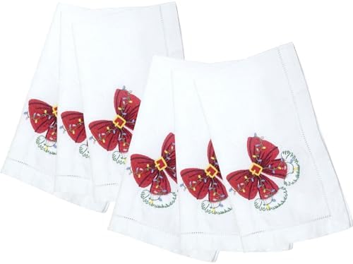 Embroidered Cloth Napkin Red Bow Christmas Cotton Napkins Set of 6, 20x20 Hemstitch Table Napkins, Machine Washable, Daily & Holidays, Great Gift Ideas by Unknown