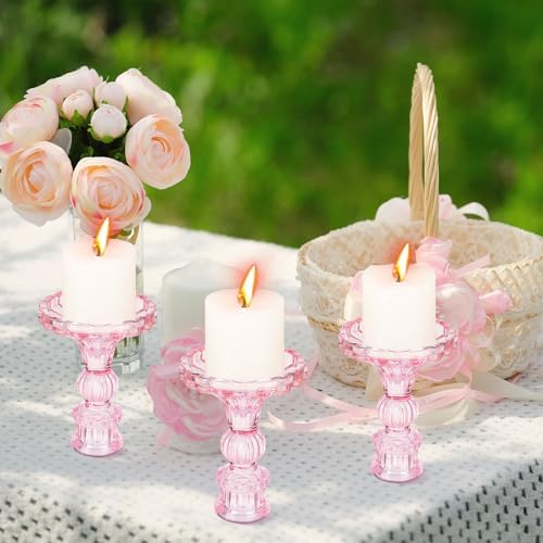 Suclain 24 Pcs Glass Candle Holder Set 12 Candlestick White Candles,Pink - Image 6