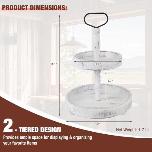 2 Tiered Tray Rustic Farmhouse Decorative Tray Stand Wooden Round Serving Trays for Coffee Food Home Table Decor Holiday Display Vintage Christmas Decors - Image 2