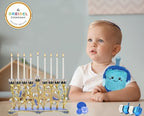 The Dreidel Company Hanukkah Menorah Enamel Pomegranate & Blue Bird Design, Hand-Painted Enameled Metal This Ornate 9 Branch Menorah Measures 12" High X 10" Wide - Image 5