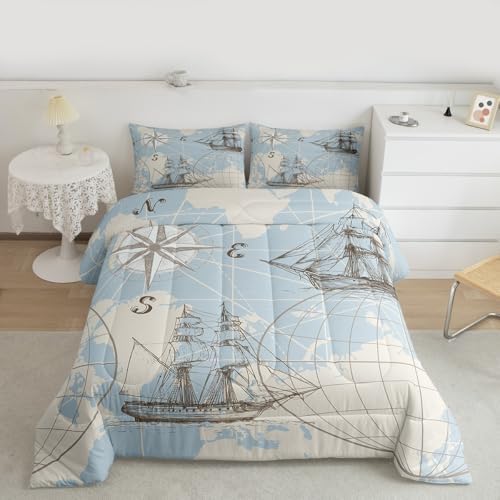 Erosebridal Nautical Comforter Set King, Vinatge Sailboat Bedding Set Room Decor, White Blue World Map Sketch Down Comforter, Retro Anchor Compass Quilt Set, Yacht Ship Bedding Comforter Sets, 3Pcs - Image 2