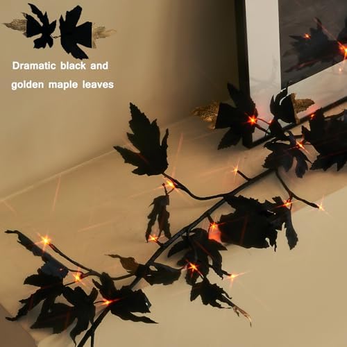 LITBLOOM Halloween Garland with Lights 6FT Battery Operated with Timer, Lighted Black Maple Garland with 48 Orange and Warm White LED Lights for Home Fireplace Mantle Table Fall Halloween Decoration - Image 3