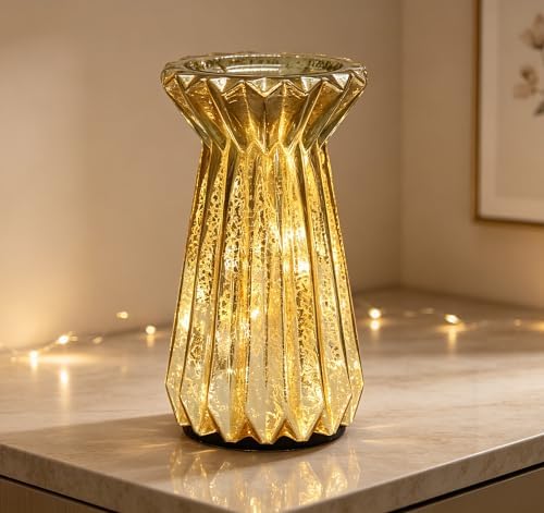 Home Decor, Mercury Glass Pillar Candle Pedestal Holders with 10 Led Lights, Lighted up Candle Holder for Pillar Candle, Candlestick Holders with Timer for Wedding Home Dining Table Xmas (Gold) - Image 2