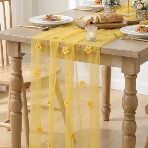 Artoid Mode Yellow Flower Pearl Yellow Gauze Table Runner 10FT 3PC, Seasonal Sheer Dining Holiday Wedding Birthday Baby Shower Table Decor for Home Party - Image 6