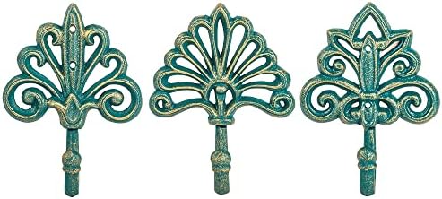 Sungmor Set of 3 Decorative Cast Iron Wall Hooks – Vintage Ornate Design with Antique Teal Finish – Heavy Duty Rustic Wall Hangers for Entryway, Bathroom, Kitchen, or Bedroom Decor by Sungmor