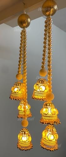 Divyakosh Wall Hangings for Home Decoration, Set of 2 Diwali Lights, Handmade Diwali Decoration Wall hangings, Door Valance Hanging with LED T-Lights for Wedding Décor,Beads,Gold - Image 2