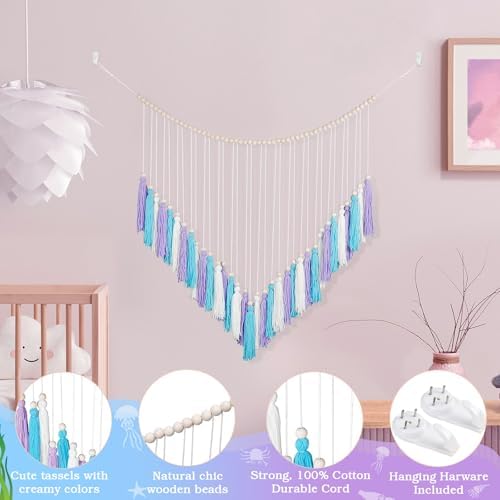 Purple & Blue Macrame Wall Hanging Boho Home Decor, Mermaid Theme Under the Sea Ocean Bedroom Décor Living Room Bohemian Dorm Wall Décor Purple Tassel Pink Wall Décor - Image 4