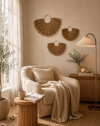 PEMAR Set of 3 Woven Seagrass Fan Wall Decor - Large Boho Raffia Jute Wall Hanging Hanging Decor for Living Room Bedroom, Handmade Rustic African Fan Wooden Wall Art, Unique Housewarming Gift (XL: 35.4" D, L: 27.6" D, M: 19.7" D) - Image 7