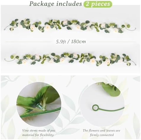 Uguisu 2Pcs Artificial Garland with Roses, 5.9ft Greenery Eucalyptus Garland for Wedding, Party, Mantel, Table, Indoor and Outdoor Decoration. Champagne - Image 3