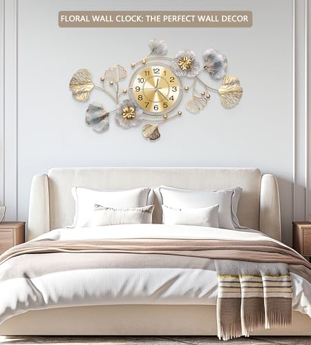 33" Modern Farmhouse Large Decorative Wall Clock, Ginkgo Metal Art - Image 3