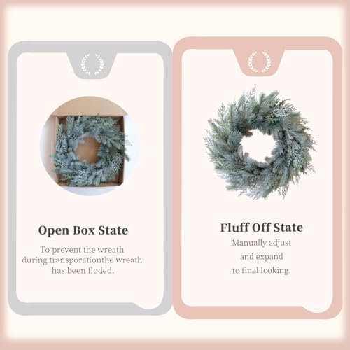 idyllic 24 Inch Norfolk Pine Wreath and Cedar Wreath for Front Door, Real Touch Christmas Wreath for Indoor and Outdoor Decor, Snowy White Xmas Winter Wreaths for Porch or Window - Image 4