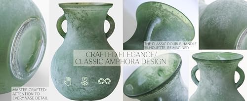 7.9in Green Glass Vintage Vase, Art Deco Double Eared Antique Marble Texture Vase - Image 4