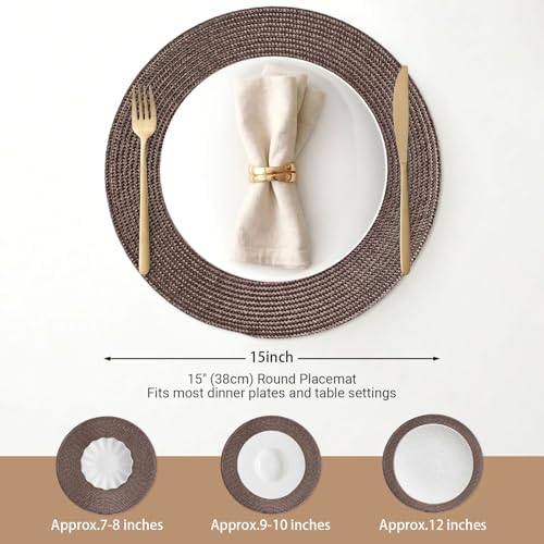 FunWheat Round Braided Placemats Set of 12 Place Mats for Dining Table Woven Washable Non-Slip Table Mats 15 Inch(Brown,12pcs) - Image 2