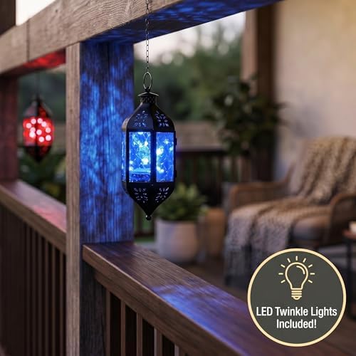 Vela Lanterns Hanging Moroccan Lantern with LED Twinkle Fairy Lights - Exotic Decorative Patio & Porch Decor, Indoor Outdoor Candle Lamp Holder with Chain (13" Large, Color Changing) - Image 2