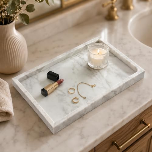 Natural Marble Decorative Tray, 11.8"x7.87" Solid Stone Serving Tray with Raised Border, Versatile Rectangle Organizer for Entryway Key, Coffee Table, Nightstand, Jewelry & Home Accent (White) by Unknown