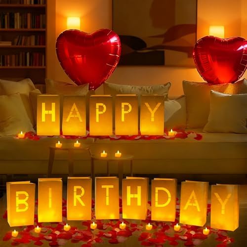 Happy Birthday Decoration for Men Women, Valentine’s Day Light Up Letters Luminary Bags with 30 Bright LED Candles, 2000 Rose Petals, 10 Balloons, Surprise Birthday Party Banner Signs - Image 6