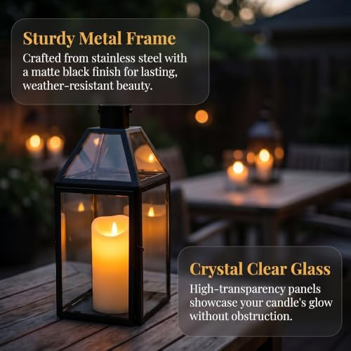 TRIROCKS Set of 2 Black Decorative Lanterns 13"&10" H Metal Candle Holders with Tempered Glass for Christmas Home Decor Living Room Parties Wedding Halloween Tabletop Indoors Outdoors - Image 5