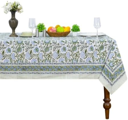Home Spun & Crafts 72x180 Inches Rectangle Hand Block Print Tablecloth, 100% Cotton, Sage Green Floral Table Cloths Washable, Traditional Indian for Dining Outdoor Thanksgiving Halloween Christmas by HomeSpunCrafts