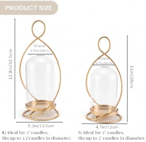 Large Hurricane Pillar Candle Holders with Glass Dome, Set of 2 Decorative Gold Candle Lanterns for Tabletop, Modern Centerpieces for Dining Table, Fireplace Mantel Decor - Image 3