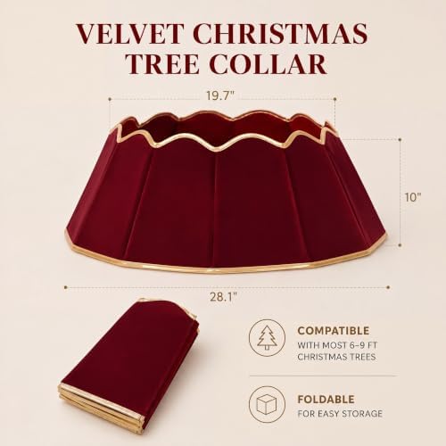 Hungdao Velvet Foldable Christmas Tree Collar, Burgundy Tree Skirt, 28'' - Image 2