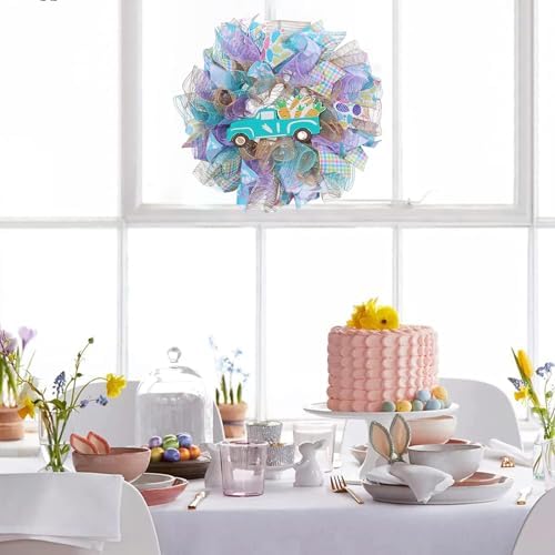 Easter Wreaths for Front Door with Lights,Easter Door Wreath,Easter Mesh Wreath,Bunny Spring Colorful Easter Decorations Holiday Ornament for Home Indoor Outdoor Supplies (Blue Car) - Image 2