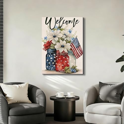Ship Next Day - Red White Blue Mason Jar Canvas Wall Decor, Framed Patriotic American Floral Painting, 4th of July Independence Day Home Wall Art, Made in USA - Image 7
