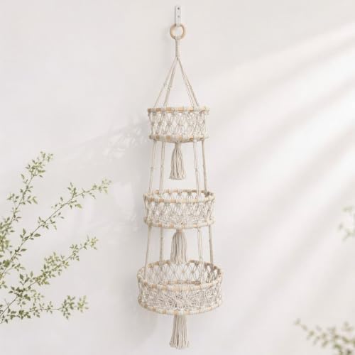 Macrame Hanging Fruit Basket, 3-Tier Boho Kitchen Storage (White) by Unknown