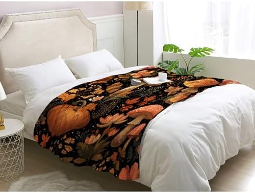 Fall Blanket, Pumpkin Mushroom Leaf Fleece Throw Blanket Twin Size for Couch Bed Sofa, Autumn Botanical Blankets and Throws, Decor & Gifts, Super Soft Plush Flannel Blanket, 60x80 - Image 3