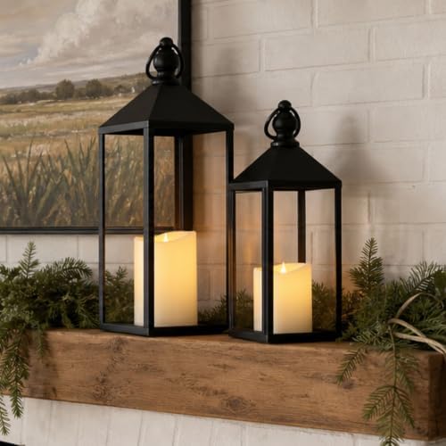 Perfnique Decorative Lanterns for Indoor & Outdoor, Set of 2 Black Metal Lanterns (17" & 13") with LED Timer Flameless Candles, Farmhouse Modern Decor for Front Porch, Patio, Mantle - Image 6