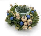 Navy Blue and Gold Christmas, Holiday Hanukkah Candle Holders and Dining table Decorations with Pine needles, on a glass base - Set of 2 - Image 3