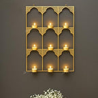 Divyakosh Golden Wall Mounted Nine Tea Light Candle Holder Stand– Decorative Iron Frame | Moroccan Arch Design | Festive Home Decor for Diwali, Pooja Room & Living Room Accent | by Divyakosh