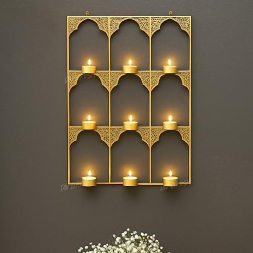 Divyakosh Golden Wall Mounted Nine Tea Light Candle Holder Stand– Decorative Iron Frame | Moroccan Arch Design | Festive Home Decor for Diwali, Pooja Room & Living Room Accent | by Divyakosh