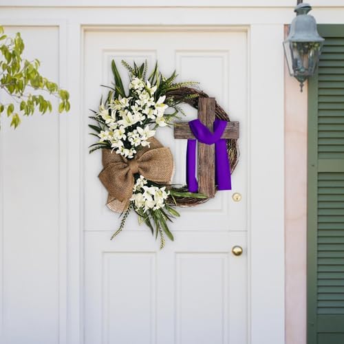 Easter Cross Wreath with Burlap Bow, Easter Door Wreath with Burlap Bow Swag Bowknot Rustic Farmhouse Spring Lily Wreath Easter Decorations for Hanging Door Decor (23IN Num.05) - Image 3