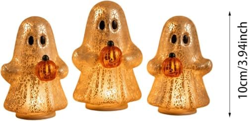 Set of 3 Illuminated Mercury Glass Ghosts, LED Halloween Ghost Decorations with Pumpkins, Cute Ghost Figurines Warm Light Tabletop Ornaments for Mantel Shelf, Fall Party Home Decor - Image 6