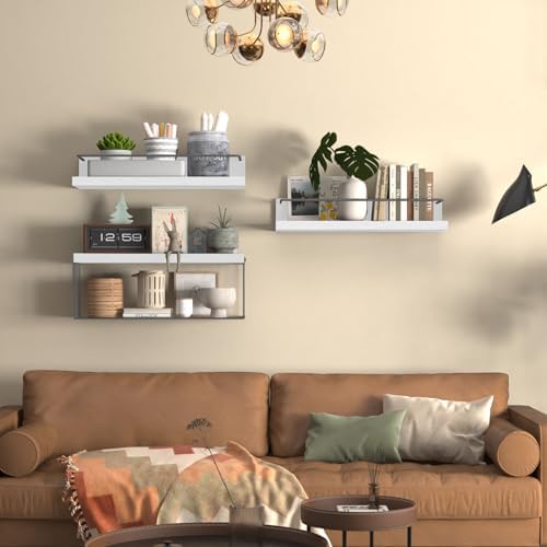 PopiShelves Bathroom Shelves Over Toilet for Wall, Floating Shelves with Storage Basket Paper Holer for Kitchen Living Room, Bedroom & Classroom, Set of 3 (White and Grey) - Image 7
