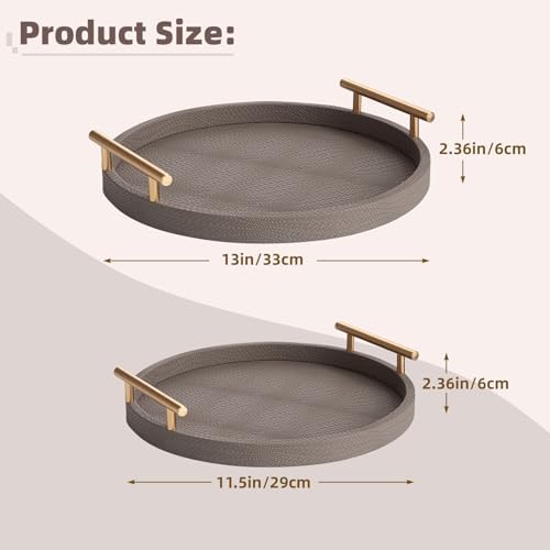 2 Piece Coffee Brown Round Serving Tray with Handles, Woven-Texture Faux Leather Ottoman Tray for Living Room, Decorative Tray for Coffee Table Home Decor - Image 6