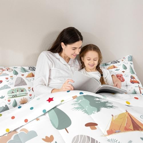 Kids Camper Theme Comforter Set Twin 2Pcs, Happy Camping Bedding Set, Travel Car Rv Accessories Down Comforter, Botanical Flowers Mountain Adventure Quilt, Cute Camper Duvet Insert Bedroom Decor - Image 5
