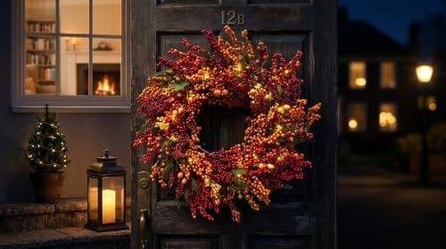 22 Inch Lighted Fall Berry Wreath with Timer Red and Orange Berries - Image 4