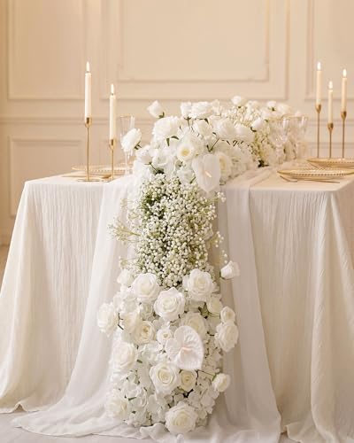 72inch Aisle Flower Garland with Chiffon Sheer Drape, White Rose, Butterfly Orchid & Baby's Breath Artificial Flowers, Floral Runner for Wedding Arch, Backdrop, Reception Table Decor, Ceremony Pathway - Image 2