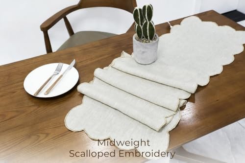 100% Natural Linen Rustic Scalloped Embroidery Table Runner 72 Inches Long, Linen Table Runner 14 x 72 Inch Ideal for Dresser and Dining Tables Decor, 4-6 Sets, Linen(Edges-Gold) - Image 3