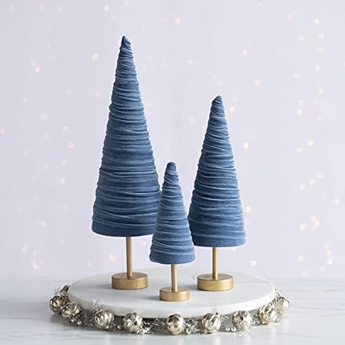 Slate Blue Pedestal Velvet Trees Set of 3, Artisan Mantel Accent, Boy Nursery, Valentine Tree Tabletop, Winter Table Centerpiece, Modern Shelf Decor (Slate Blue) - Image 2